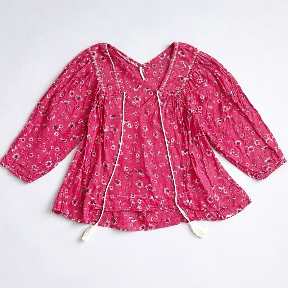 FREE PEOPLE Floral‎ Peasant Blouse Small Pink Boho Top Tassel Tie 100% Cotton